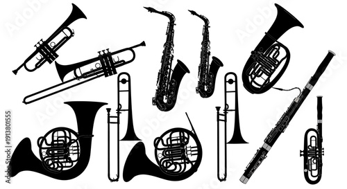 Silhouette Collection of Musical Instruments: Brass and Woodwind Instruments