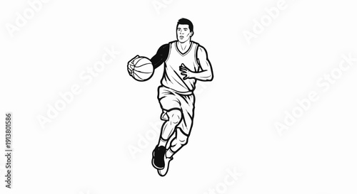 Stylized black and white line drawing of a male basketball player in action