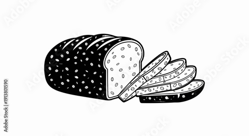 Sliced loaf of whole grain bread with visible seeds, presented in a stylized illustration