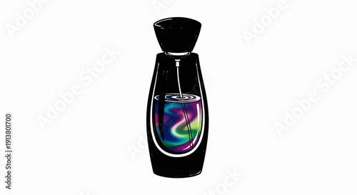 Stylish black perfume bottle with swirling, vibrant liquid inside