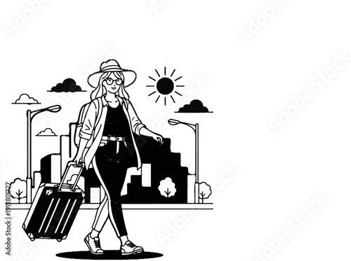 Stylish person with a suitcase walks in a city on a sunny day