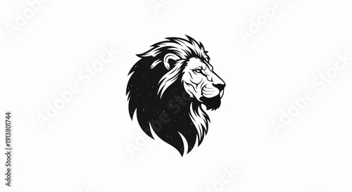 Stylized black and white lion head, facing right, with rough texture