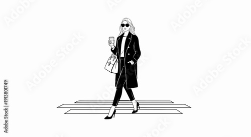 Stylish woman in a long coat, sunglasses, carrying a coffee cup and handbag