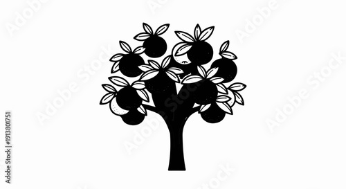 Stylized black and white illustration of a fruit-bearing tree with leaves