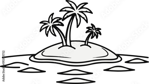 Small island with palm trees surrounded by water and ripples