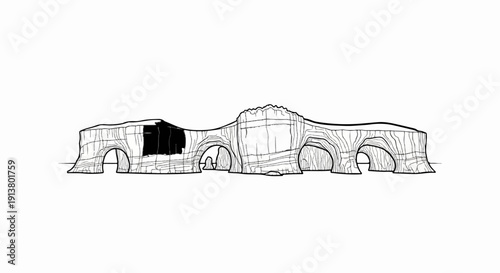 Stylized black and white illustration of a geological formation with arches