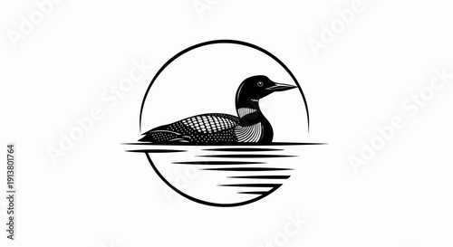 Stylized black and white loon swimming in water, inside a circle