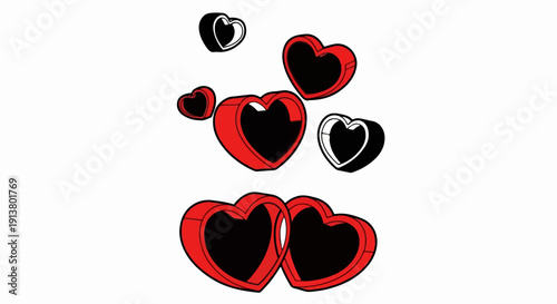 Stylized 3D heart shapes in red and black, some intertwined