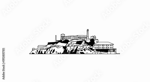 Stylized black and white illustration of a historic prison on a rocky island