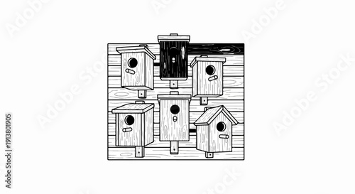 Six wooden birdhouses with entry holes attached to a wooden plank background