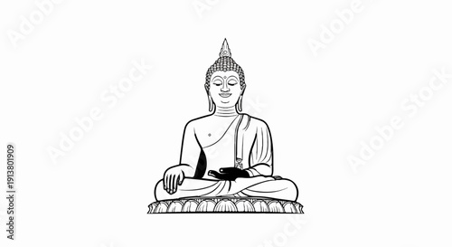 Stylized black and white illustration of a meditating Buddha figure