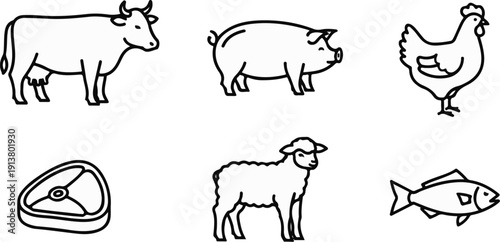 Six simple black and white illustrations of farm animals and food