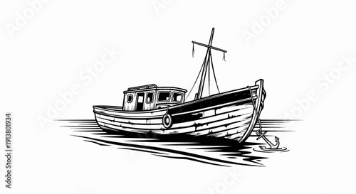 Stylized black and white illustration of a moored fishing boat with anchor and mast