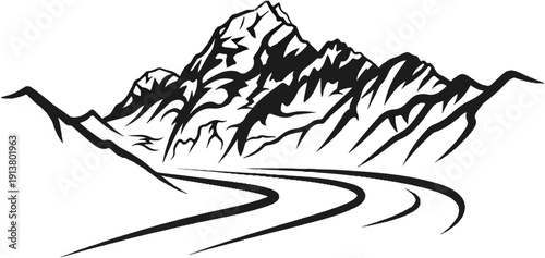 Stylized black and white mountain range with a winding road