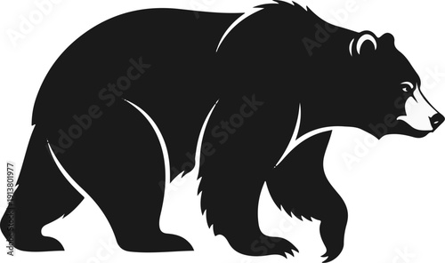 Stylized black bear illustration walking, profile view, white accents
