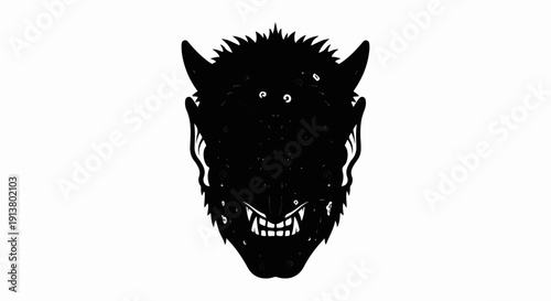 Stylized black demonic mask with horns, fangs, and piercing eyes