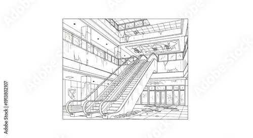 Sketch of a damaged interior with escalators and broken glass