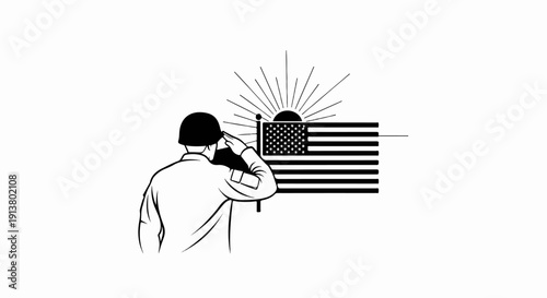 Soldier saluting flag with sunrise behind it