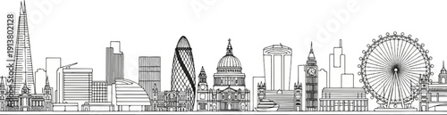 Sketch of a famous cityscape with distinctive modern and historic buildings