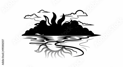 Stylized black sunburst with fiery rays over wavy water reflection