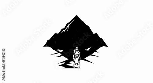 Solitary armored figure stands before imposing shadowed mountain peak