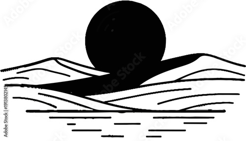Stylized black sun rising over abstract rolling dunes and water