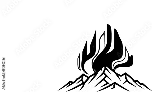 Stylized black flames erupting from jagged mountain peaks