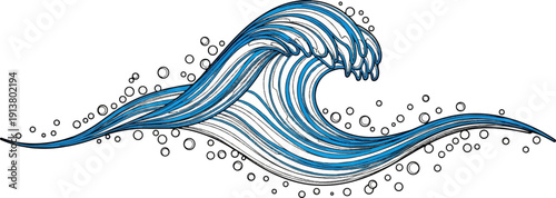 Stylized blue wave with swirling lines and scattered bubbles