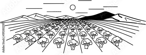 Stylized broccoli field stretches toward mountains under a sun