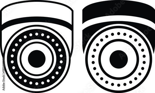 CCTV camera icon set. Minimalist line art illustration and silhouette of a dome security camera or CCTV system vector isolated on white background.