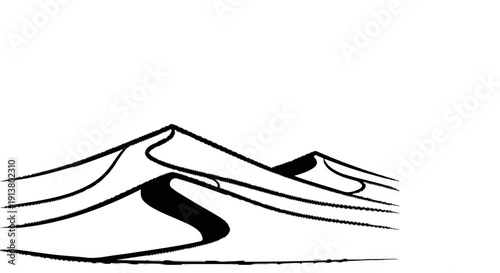 Stylized black and white sketch of rolling sand dunes under a bright sky
