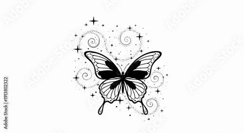 Stylized butterfly with starry swirls and celestial accents