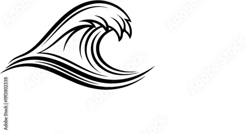 Stylized black ink brush stroke depicting a cresting ocean wave
