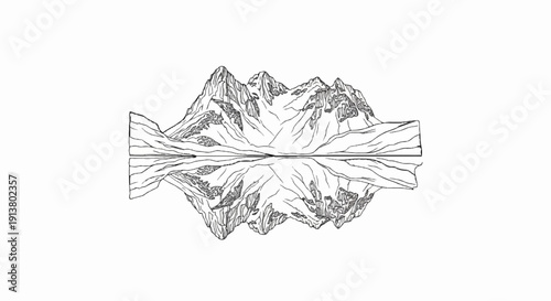 Stylized black and white sketch of rugged mountains reflected in calm water