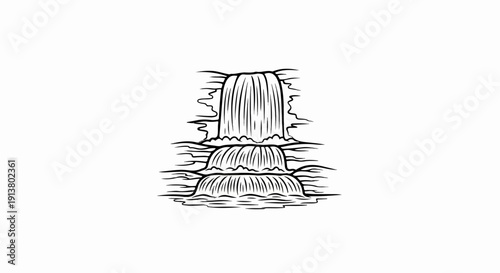 Stylized black ink drawing of a tiered waterfall cascading into water