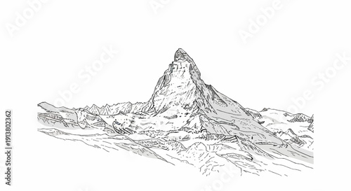 Sketch of a majestic, snow-capped mountain range with a prominent peak