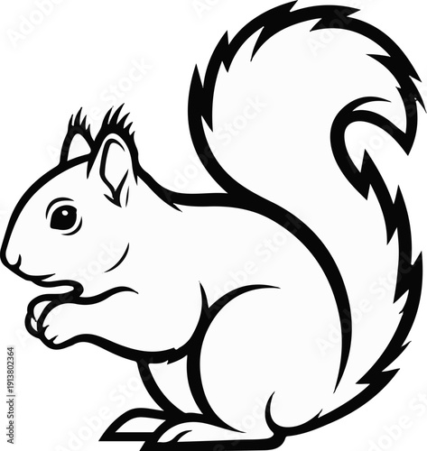 Stylized black and white illustration of a squirrel holding food