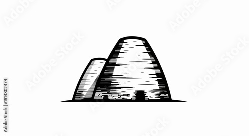 Stylized black and white sketch of two beehive-shaped structures