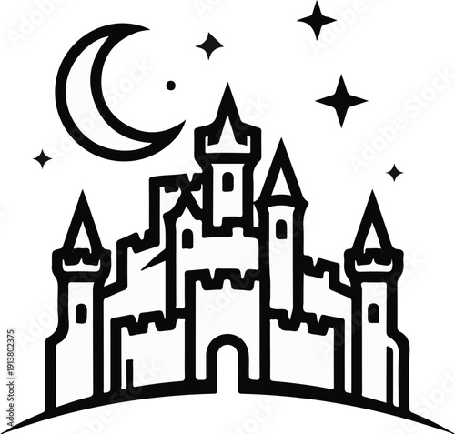 Stylized castle and moon under starry night sky