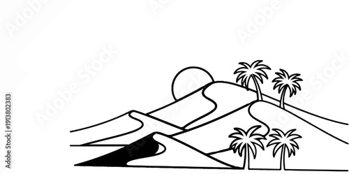 Stylized desert landscape with rolling dunes and palm trees under a sun
