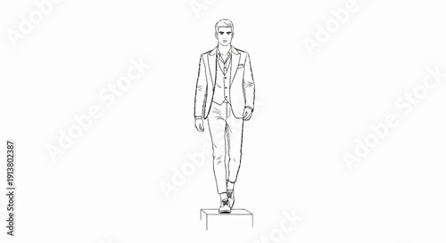 Sketch of a man in a suit walking on a raised platform