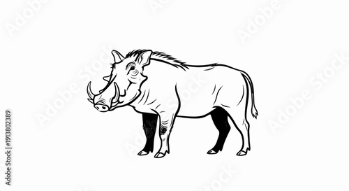 Stylized black ink drawing of a warthog standing against a white background
