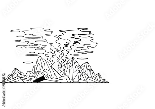 Stylized black ink drawing of a volcano erupting with smoke and clouds over mountains
