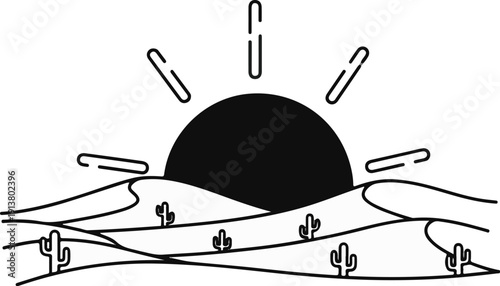 Stylized desert landscape with a sun rising over rolling dunes and cacti