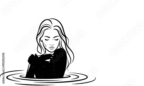 Stylized black ink drawing of a woman partially submerged in water, eyes closed