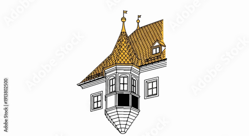 Stylized drawing of a building's ornate turreted roof with windows