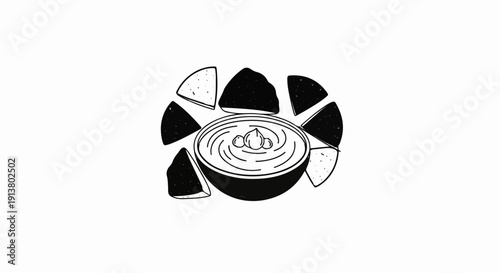 Stylized drawing of a bowl of dip surrounded by chips