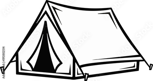 Stylized black and white illustration of a triangular camping tent