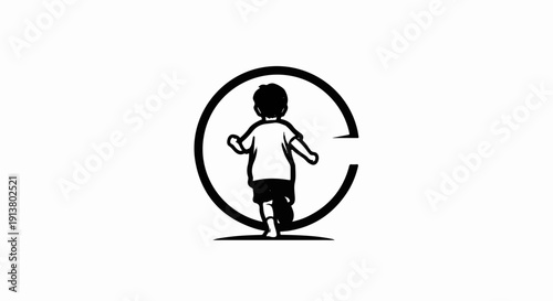 Stylized circular graphic with a child in silhouette running within