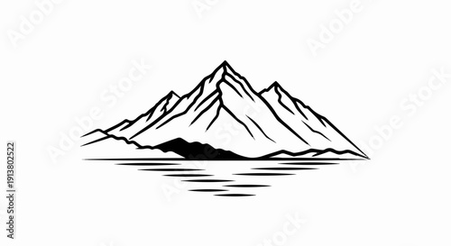 Stylized black ink mountain range reflecting in water